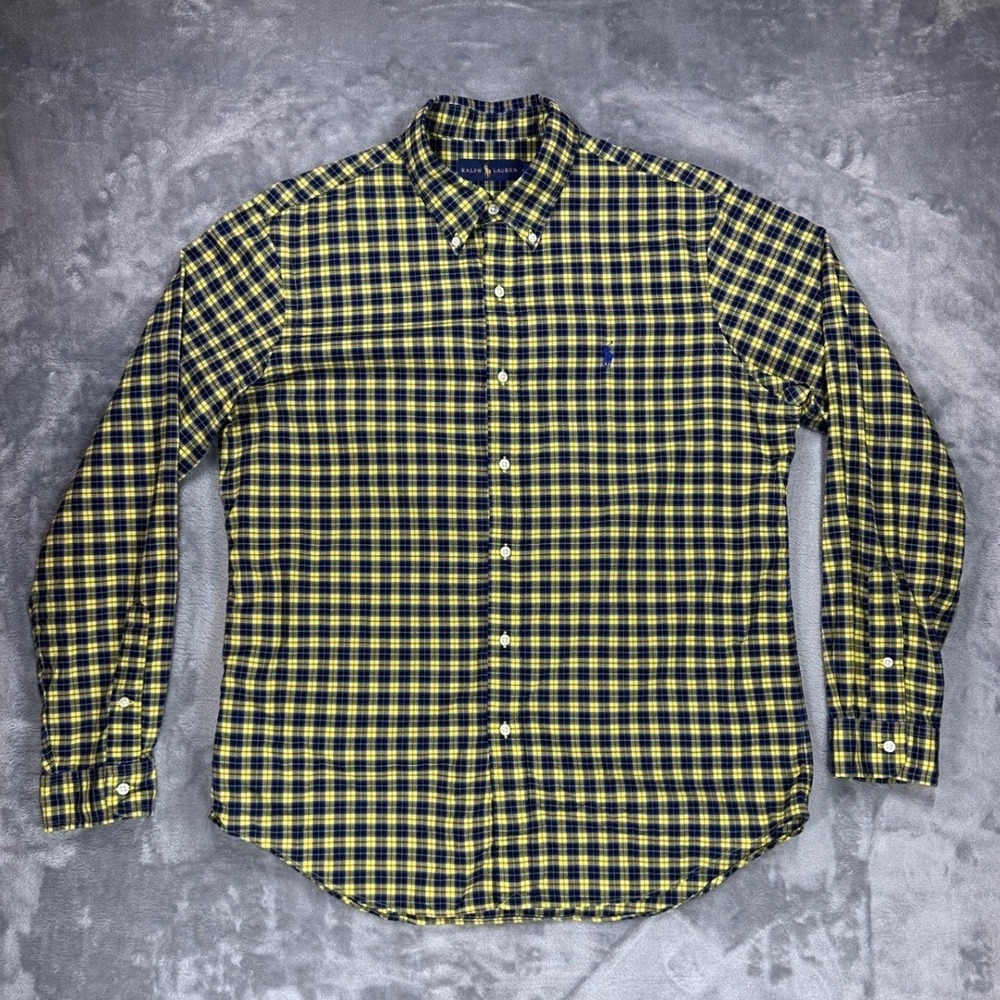 Ralph Lauren Mens Yellow Blue Plaid Long Sleeve Button Down Shirt Large L/G